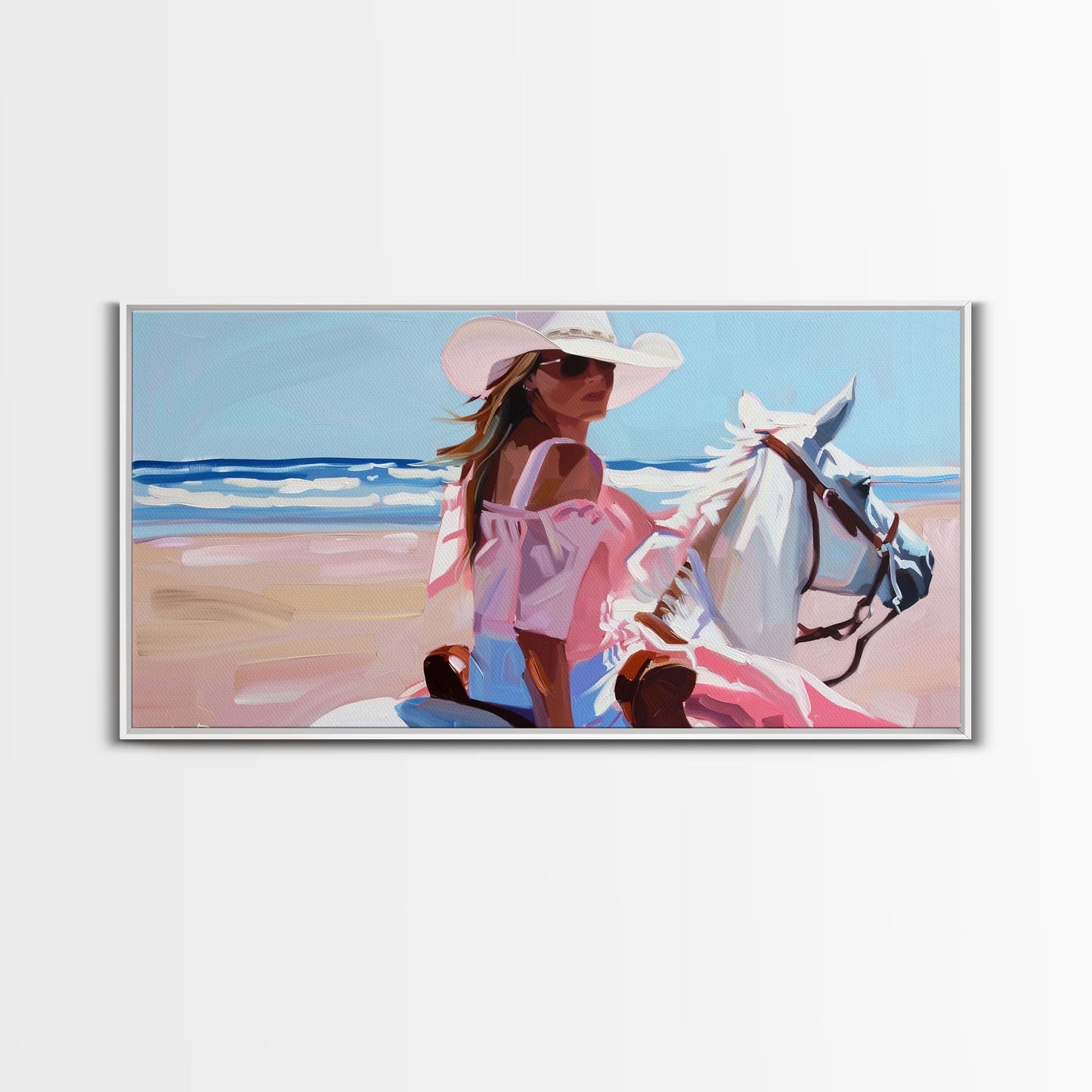 Elegant Cowgirl on Horse by the Shore, Beautiful Framed Canvas Print, Ideal for Coastal Living Room Art, Beach Bedroom Decor, Horse Wall Art
