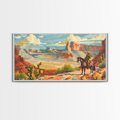 Cowboy Riding through Canyon, Framed Canvas Print for Rustic Living Room Decor, Western Art for Home and Bedroom Decoration