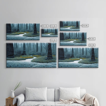 Cabin art, snow covered winter forest, winter vacation home art, framed canvas print, ready to hang framed wall art