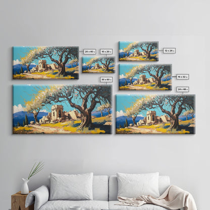 Ancient Roman Ruins, Framed Canvas Print, Old World Art, Olive Tree Amongst The Ruins, Living Room Decor