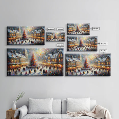 Retro Style Christmas Canvas Print | Framed Canvas Print | Christmas Village | Winter Wonderland | Impasto Style Painting | Seasonal Decor