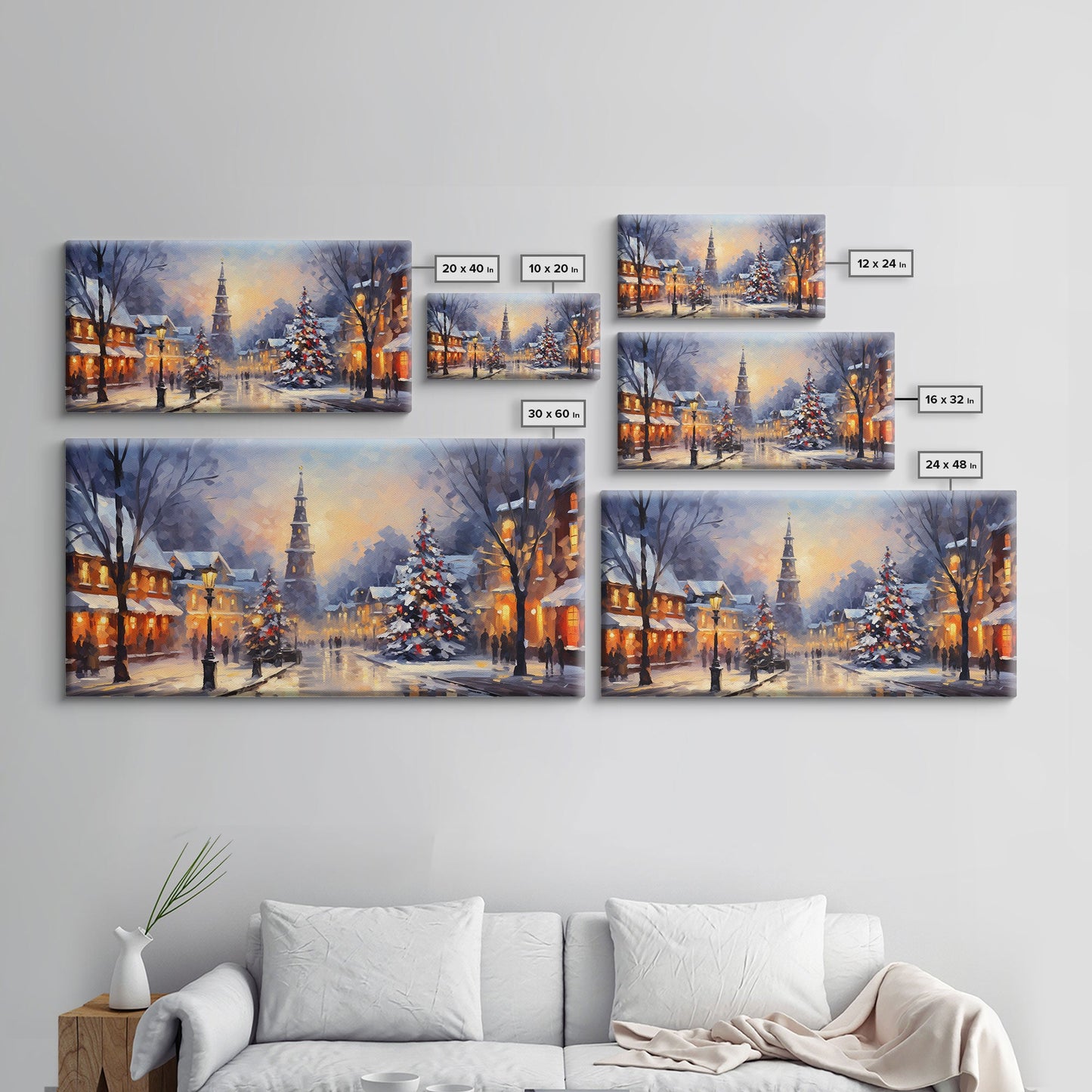 Christmas Centerpiece Wall Art - Framed Canvas Print - Winter Wonderland Victorian Village Decorated for Christmas Canvas Wall Art