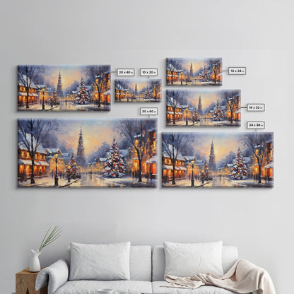 Christmas Centerpiece Wall Art - Framed Canvas Print - Winter Wonderland Victorian Village Decorated for Christmas Canvas Wall Art