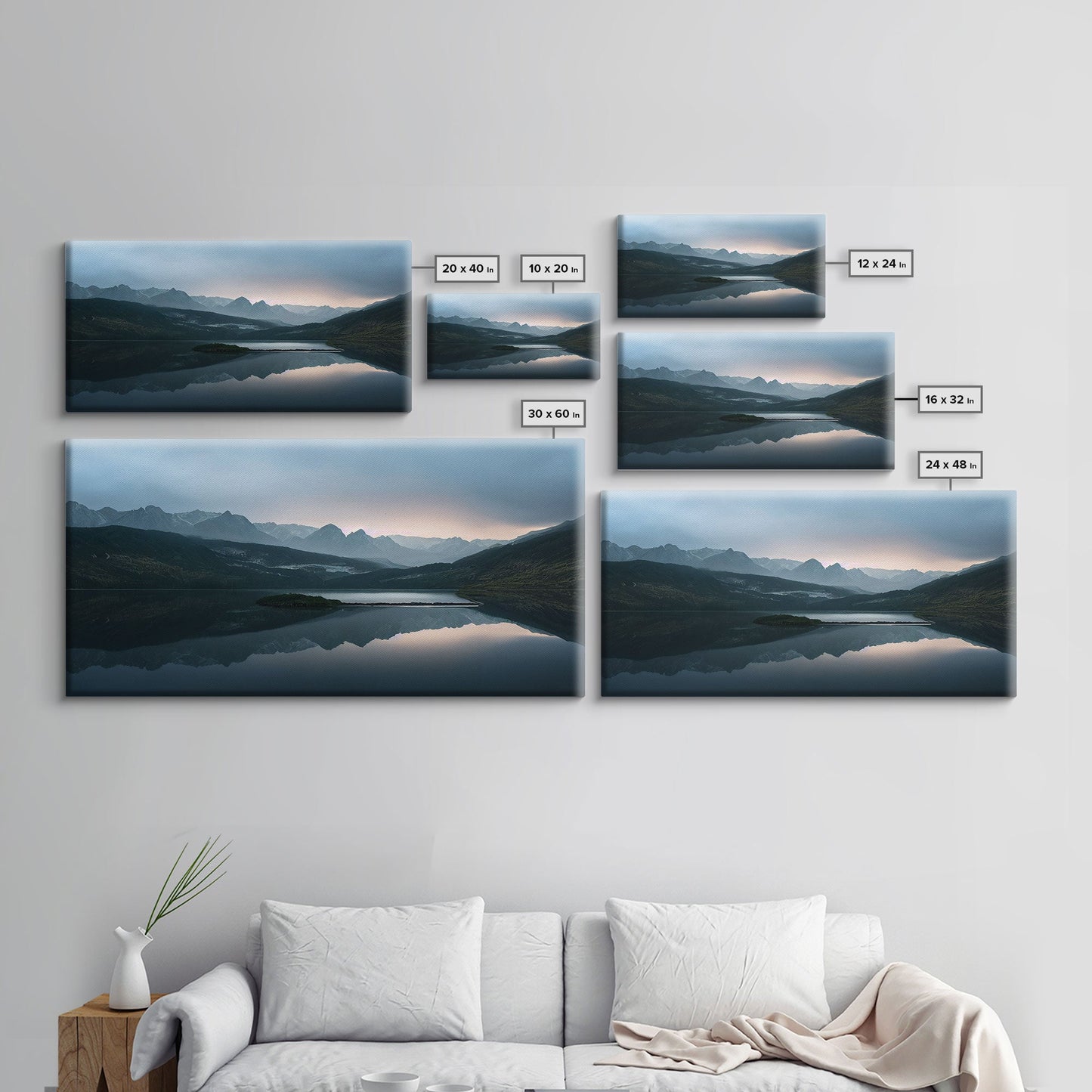 Calm Reflection Of A Lake and Mountains, ready to hang canvas print wall art, Lakehouse Cabin Wall Decor