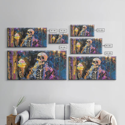 Halloween Art, Skeleton Having an Ice Cream Cone, Framed Canvas Print, Halloween Decor