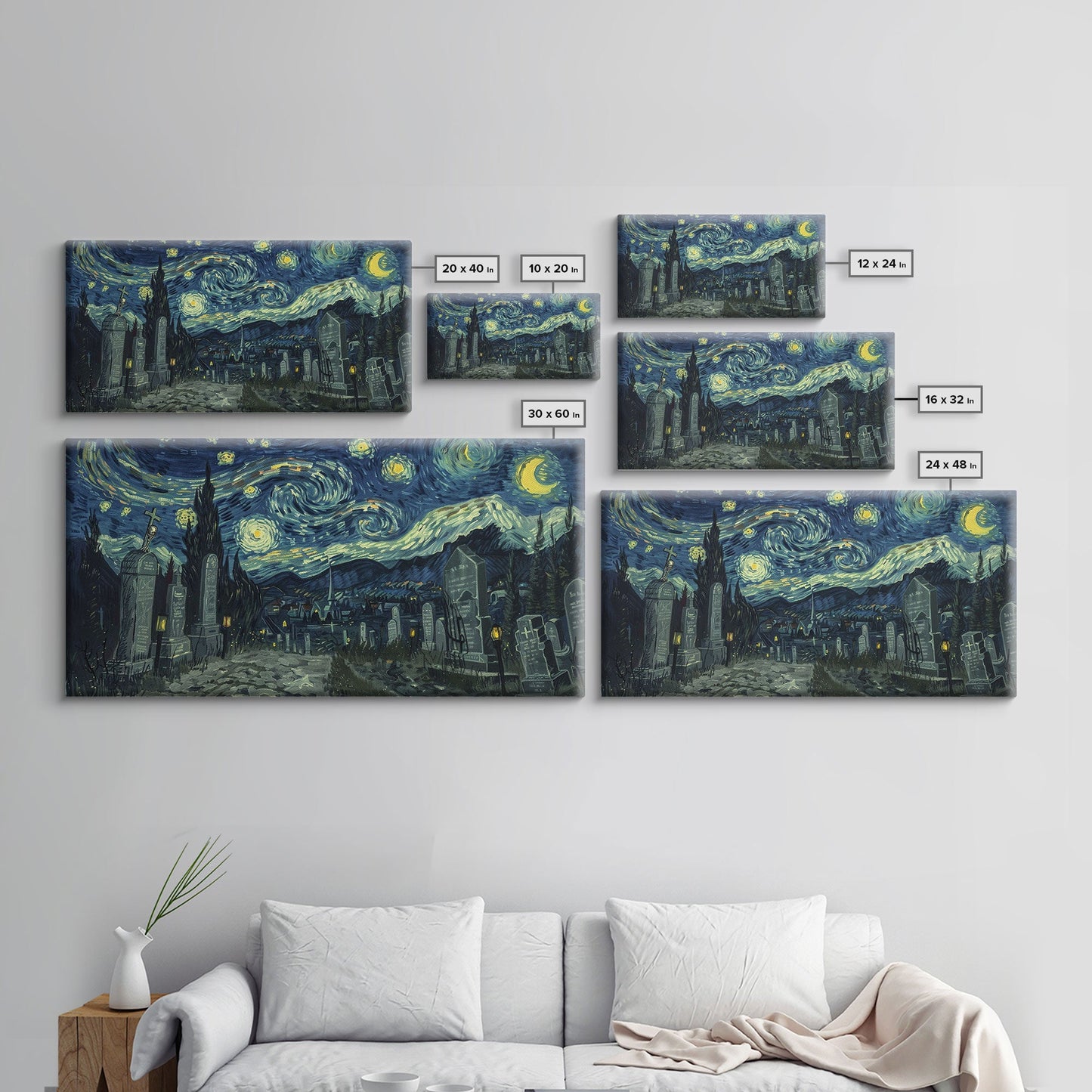 Haunted Graveyard Framed Canvas Print, Starry Night Van Gogh Inspired Halloween Decor, Spooky Vibes Halloween Gift