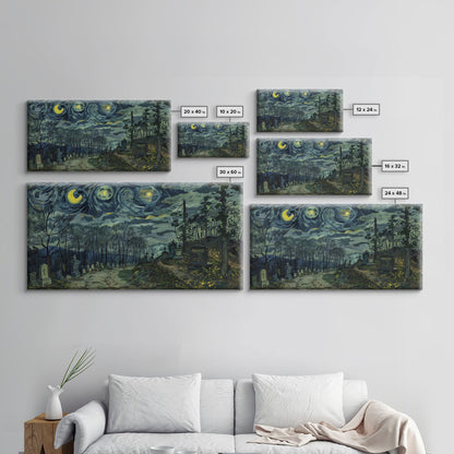 Haunted Graveyard Framed Canvas Print, Starry Night Van Gogh Inspired Halloween Decor, Spooky Vibes Halloween Gift