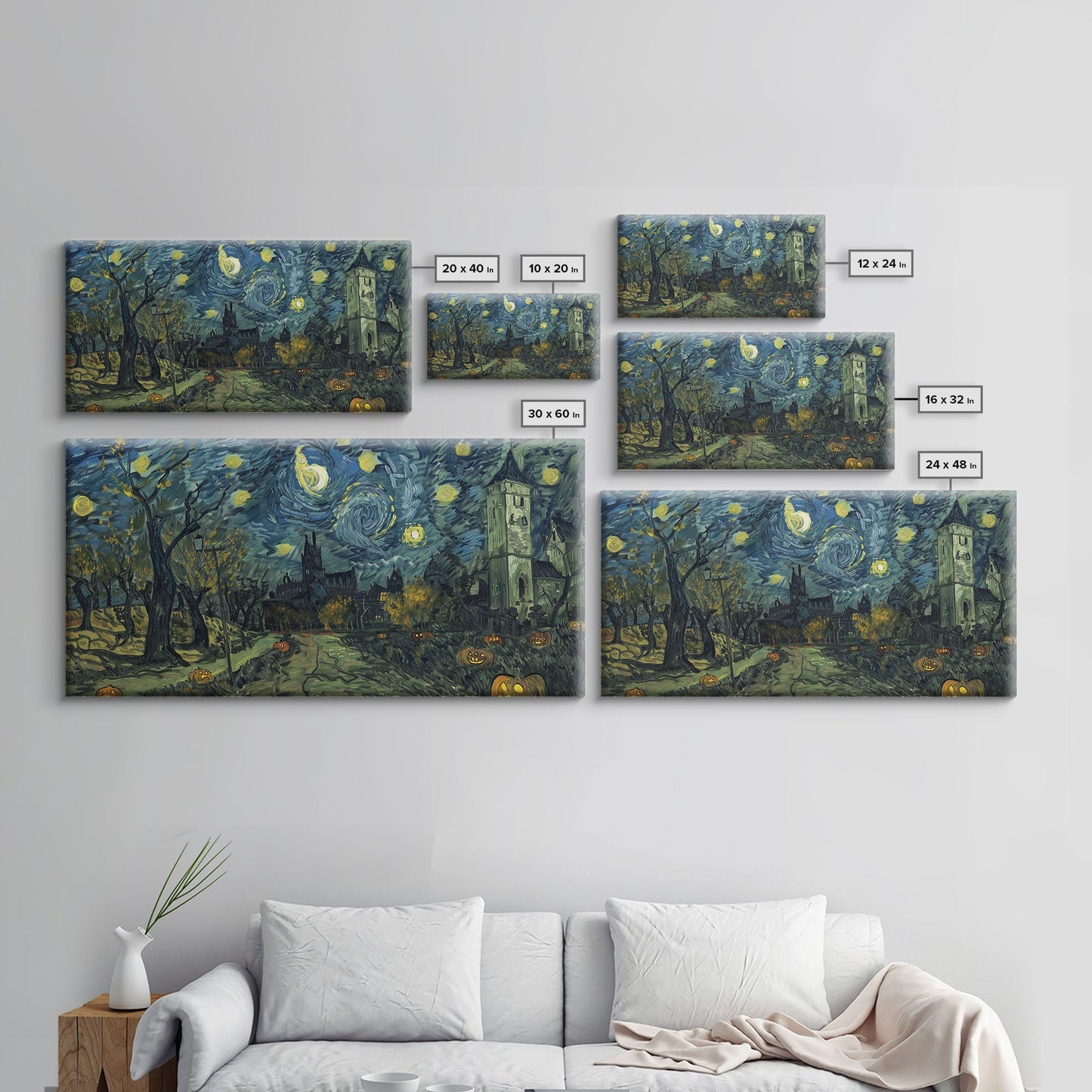 Haunted Halloween Cemetary, Starry Night Inspired Halloween Decor, Framed Canvas Print, Halloween Props