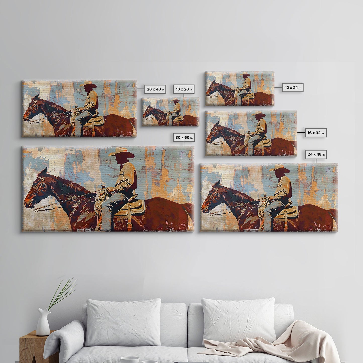 Cowboy on Horseback, Textured Background, Modern Living Room Art, Framed Canvas Print, Rustic Home Decoration, Boho Wall Art