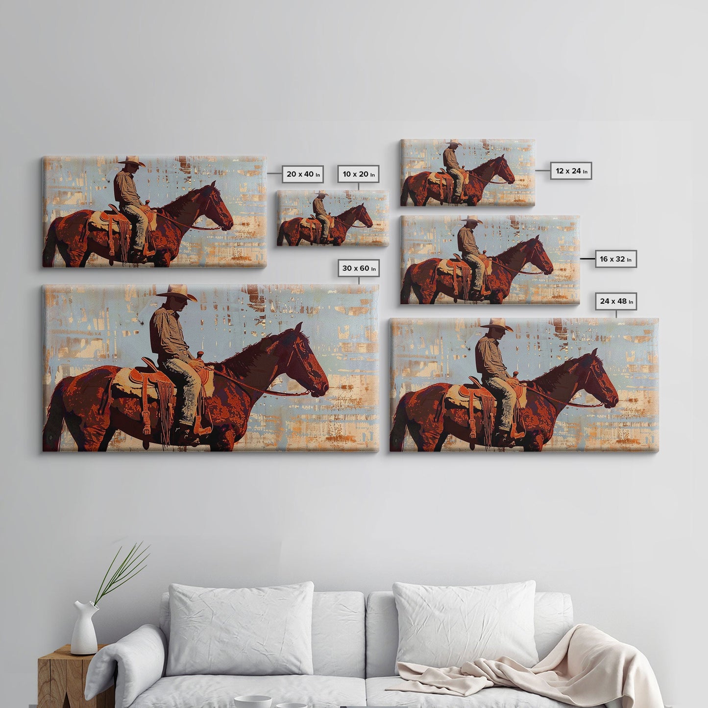 Cowboy on Horse with Rustic Background, Stunning Wall Art, Framed Canvas Print, Boho Bedroom Decor, Western Home Decoration