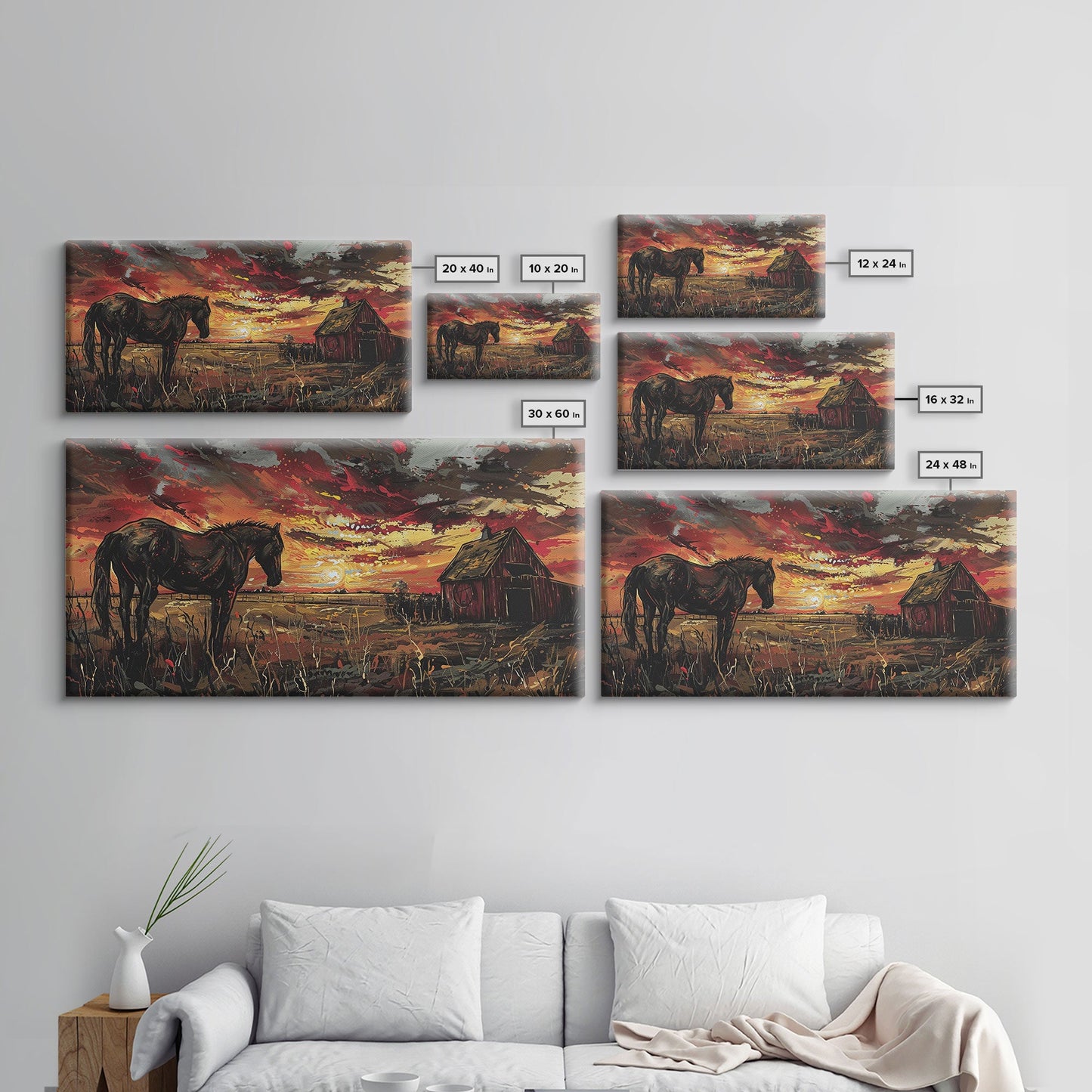 Dark Horse at Sunset with Barn, Stunning Abstract Art, Framed Canvas Print, Boho Wall Art, Bedroom Decor, Unique Home Decoration
