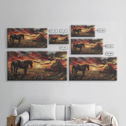 Dark Horse at Sunset with Barn, Stunning Abstract Art, Framed Canvas Print, Boho Wall Art, Bedroom Decor, Unique Home Decoration