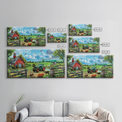 Green Tractor Near Red Barn in Countryside, Charming Farm Art, Framed Canvas Print, Country Living Room Decor, Wall Art