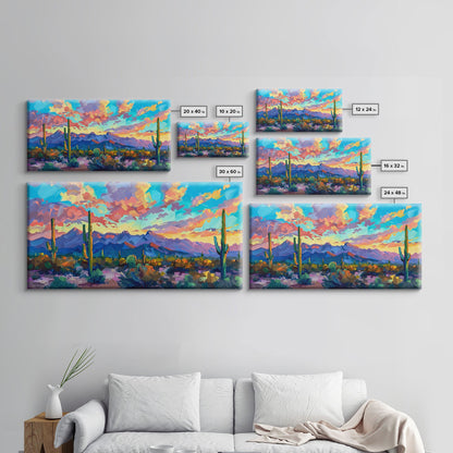 Expansive Desert Landscape at Sunset, Colorful Southwestern Art, Framed Canvas Print, Boho Living Room Wall Decor, Desert Scene