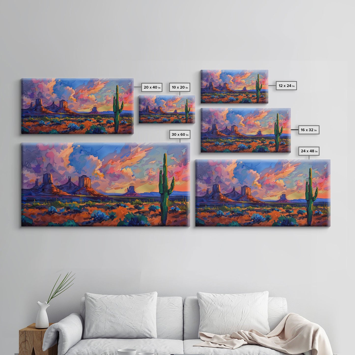 Radiant Mountain Sunset with Saguaro Cacti, Framed Canvas Print for Living Room Art, Perfect for Boho and Southwestern Decor