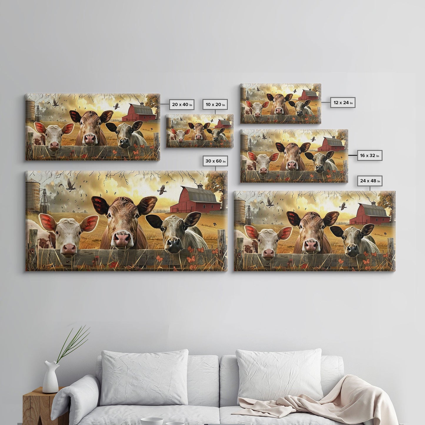 Cute cows peeking through barn fence, Framed Canvas Print, ideal for farmhouse living room, country style wall art decor