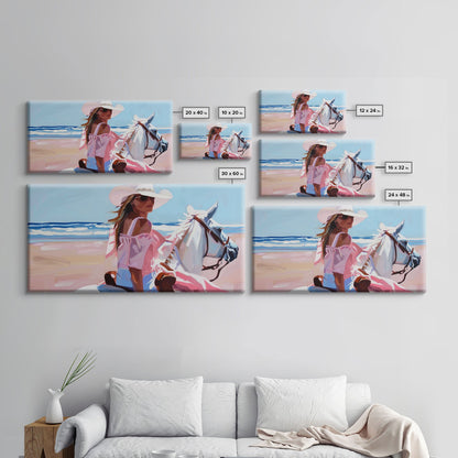 Elegant Cowgirl on Horse by the Shore, Beautiful Framed Canvas Print, Ideal for Coastal Living Room Art, Beach Bedroom Decor, Horse Wall Art