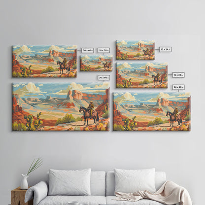 Cowboy Riding through Canyon, Framed Canvas Print for Rustic Living Room Decor, Western Art for Home and Bedroom Decoration