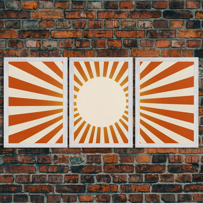 Boho Horizontal Sun Print, 3 Piece Art, Triptych Wall Art, Framed Canvas Prints, Yellow Sun Poster, Sunrise Wall Art, Boho Nursery Prints