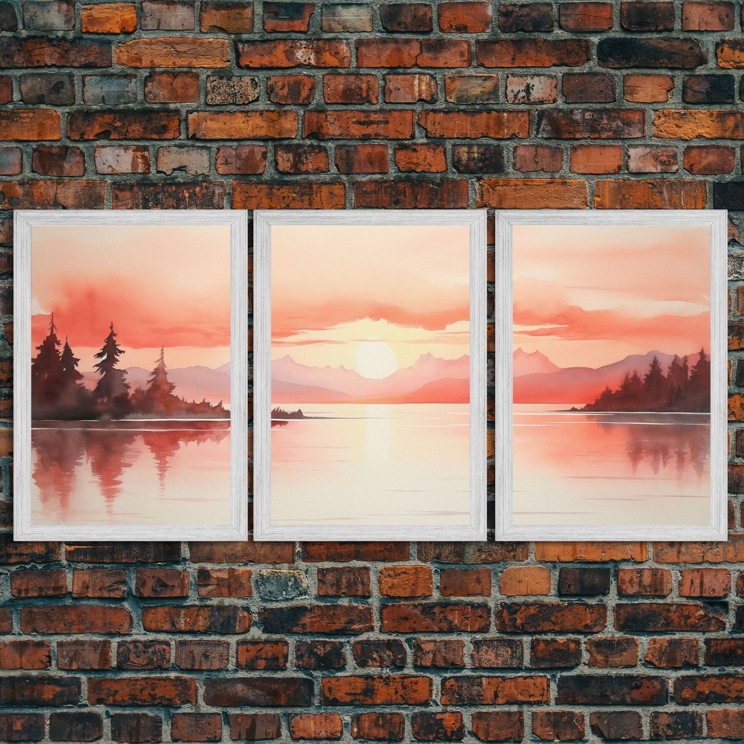 Beautiful Red Lake Sunset 3 Piece Framed Canvas Print Set, Above Sofa Art, Living Room Decor, Beautiful Wall Art, Watercolor Painting