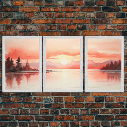 Beautiful Red Lake Sunset 3 Piece Framed Canvas Print Set, Above Sofa Art, Living Room Decor, Beautiful Wall Art, Watercolor Painting