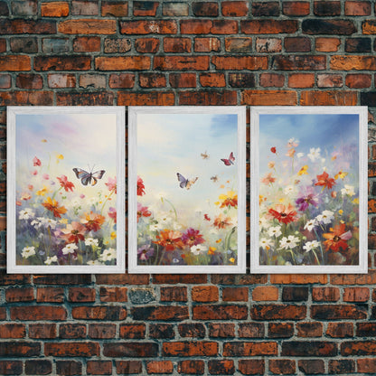 Butterly Wall Print, Wildflower Wall Art, Wildflower Meadow, Canvas Print, Set Of 3 Prints, Wall Art, 3 Piece Wall Art, Botanical Art