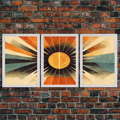 Abstract Midcentury Modern Sunburst, Art Deco Style art, sun with rays, sun burst, boho style, 3 Piece Wall Art, Ready To Hang Canvas Print