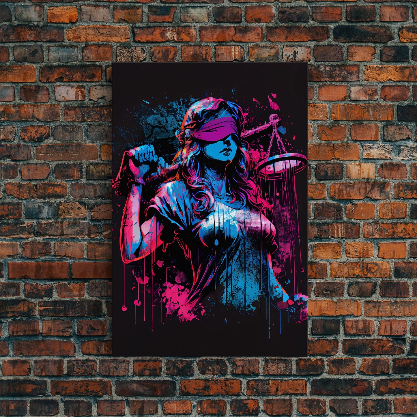 Graffiti art, lady justice, vaporwave cyberpunk justice is blind, fine art poster print
