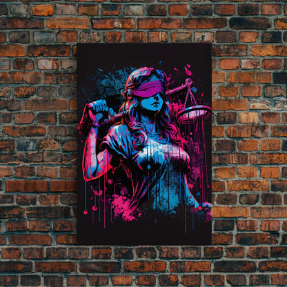 Graffiti art, lady justice, vaporwave cyberpunk justice is blind, fine art poster print