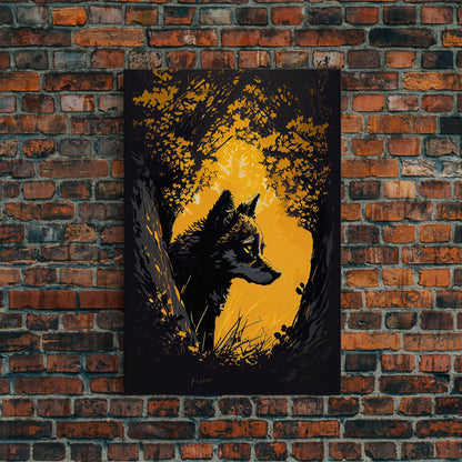 Watercolor of a wolf in the forest, framed canvas print