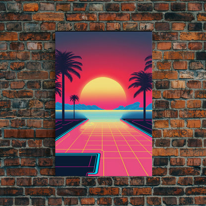 Retro Synthwave Sunset Canvas Print w/ Infinite Pool & Palm Trees | Framed Wall Decor | Framed Canvas Prints | Living Room Decor