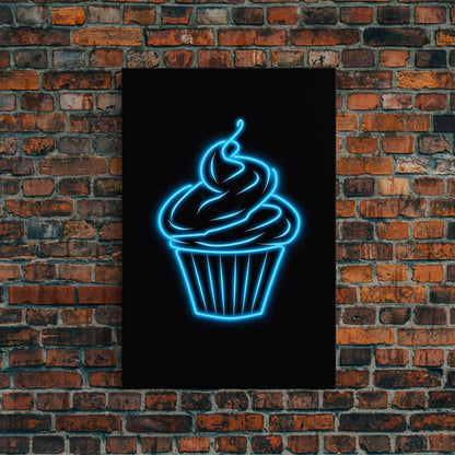 Blue Neon Lights Cupcake Wall Decor, Kitchen Wall Art, Glowing Art, Minimalist Print, Wall Decor, Canvas Print, Wall Art, Framed Canvas