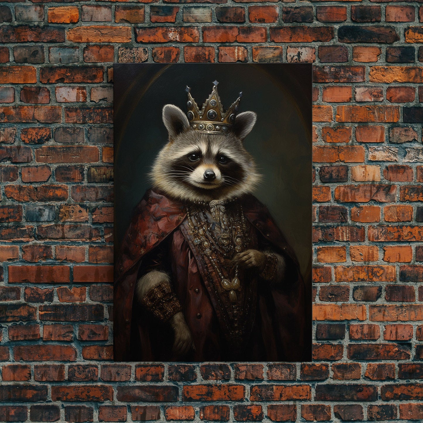 The Raccoon King, Framed Canvas Print Or Canvas, Victorian Animal Print Oil Painting, Funny Halloween Decor