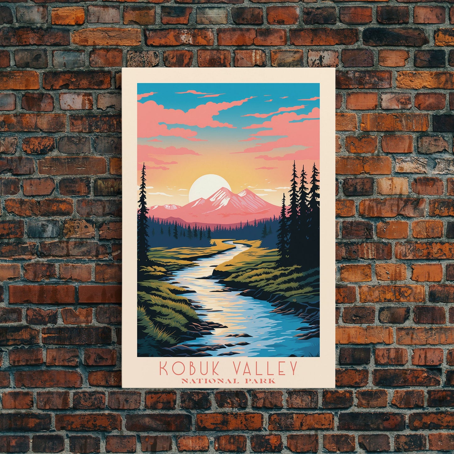 Kobuk Valley Nationalpark, Alaska Reisekunst, Nationalpark-Druck, Minimalistische Reisekunst, Landschaft im Midcentury Modern Retro-Stil