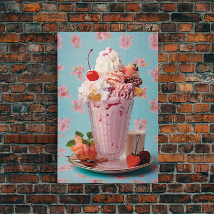 A Strawberry Sunday, Ice Cream Art, Framed Canvas Print, Ice Cream Parlor Decor, Icecream Shop Wall Art, MCM Style Decor, Kitchen decor