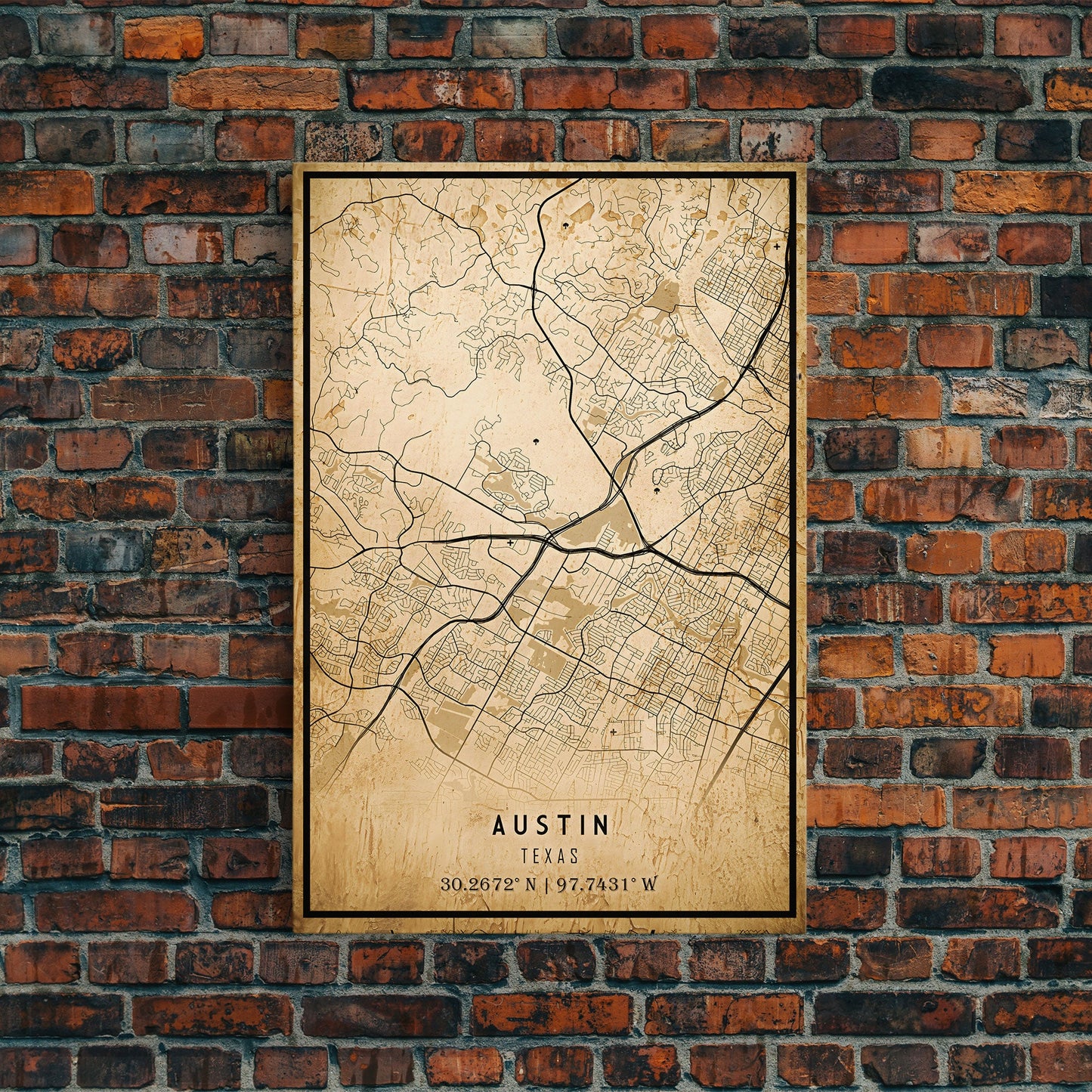 Austin Map Print Canvas or Poster, Texas Map Art, Texas Map Print, Vintage Austin Texas Map Framed Art, Retro / Distressed Office Art