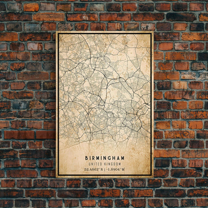 Birmingham UK map print poster or framed canvas, England map print poster canvas, UK city map print poster canvas, Vintage Travel Art