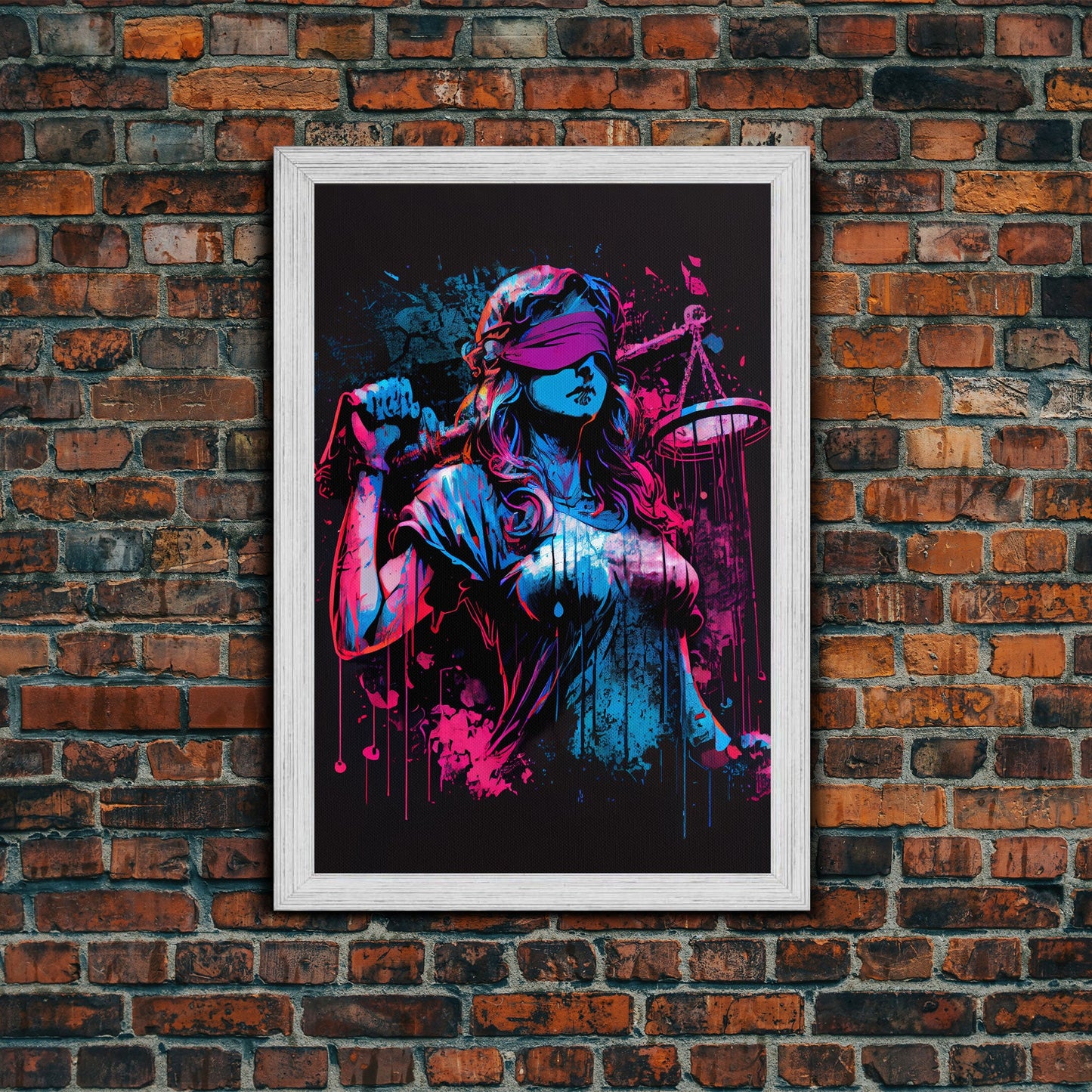 Graffiti art, lady justice, vaporwave cyberpunk justice is blind, fine art poster print
