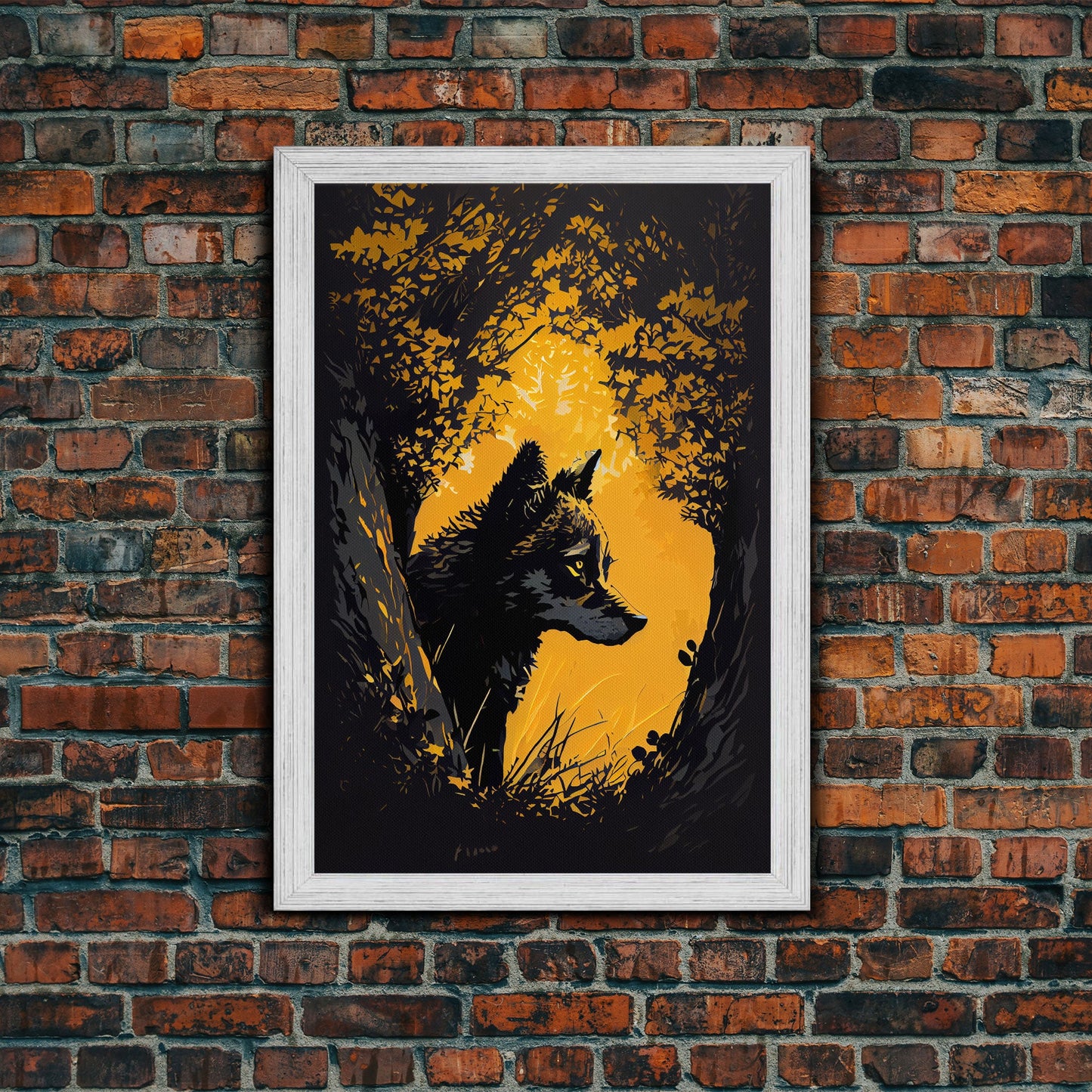 Watercolor of a wolf in the forest, framed canvas print