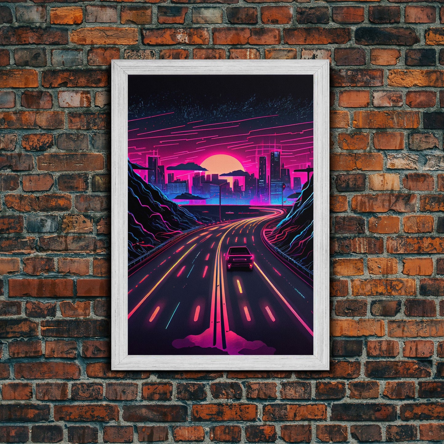The Drive, Retrowave Outrun Style City Skyline Sunset, 80s Vibes, Framed Canvas Print