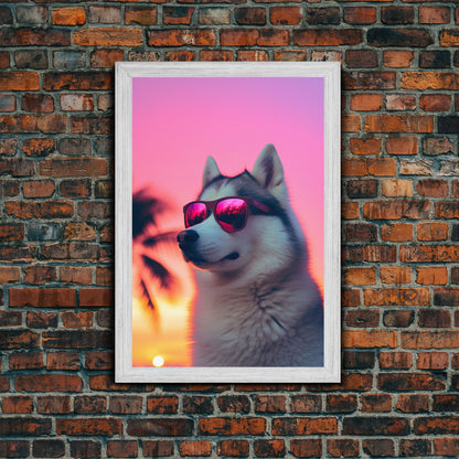 Siberian Husky In Pink Sunglasses Wall Print, Beach Art, Dog Print, Dog Portrait, Framed Wall Art, Framed Canvas, Wall Print, Wall Canvas