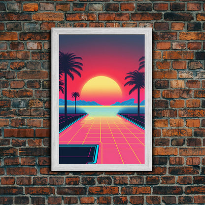 Retro Synthwave Sunset Canvas Print w/ Infinite Pool & Palm Trees | Framed Wall Decor | Framed Canvas Prints | Living Room Decor