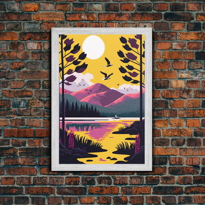 Colorful Pop Art Picture of a Mountain and Forest Landscape, Framed Canvas Print, Surrealist High Contrast Cel Shaded Landscape Art