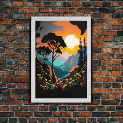 Colorful Pop Art Picture of a Mountain and Forest Landscape, Framed Canvas Print, Surrealist High Contrast Cel Shaded Landscape Art