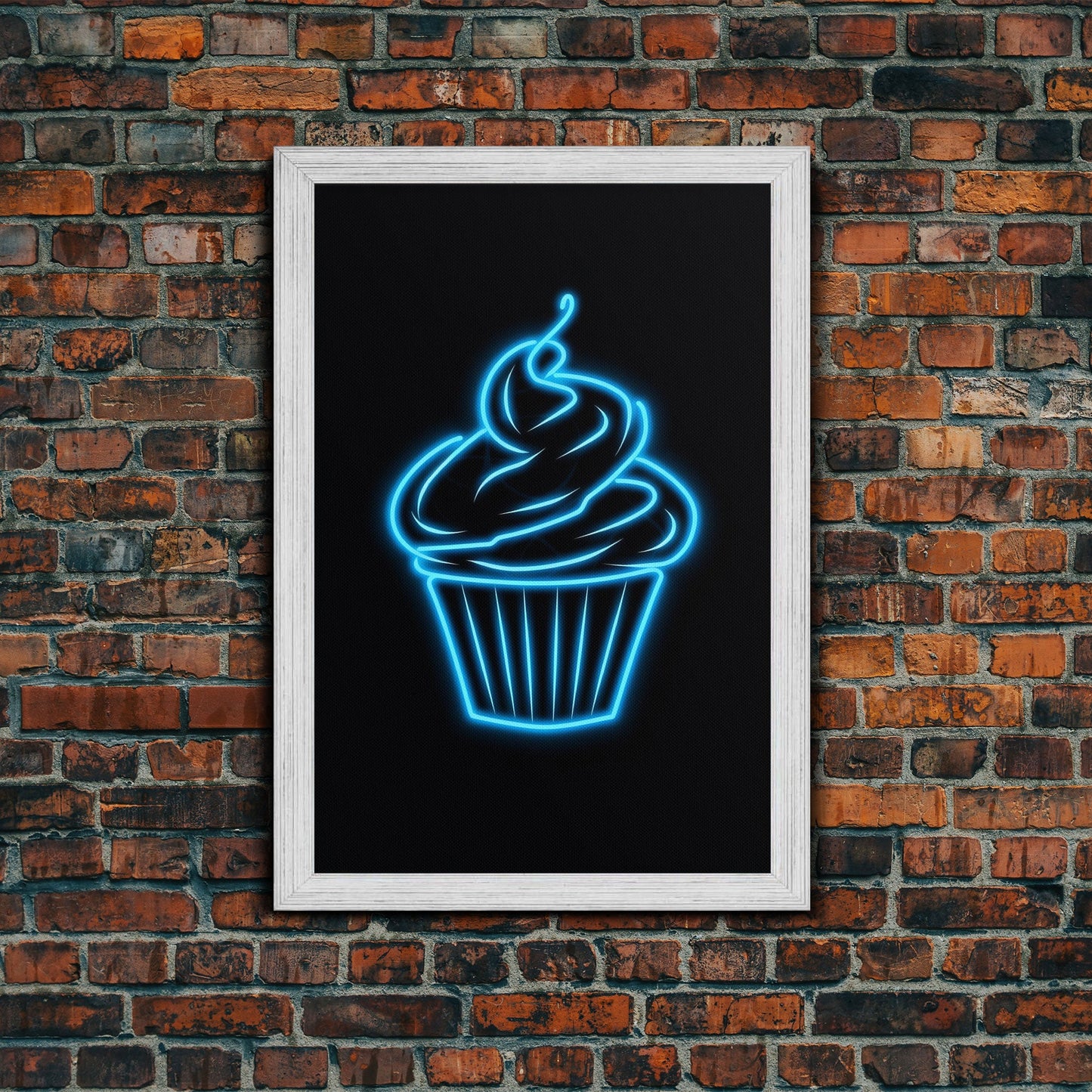 Blue Neon Lights Cupcake Wall Decor, Kitchen Wall Art, Glowing Art, Minimalist Print, Wall Decor, Canvas Print, Wall Art, Framed Canvas
