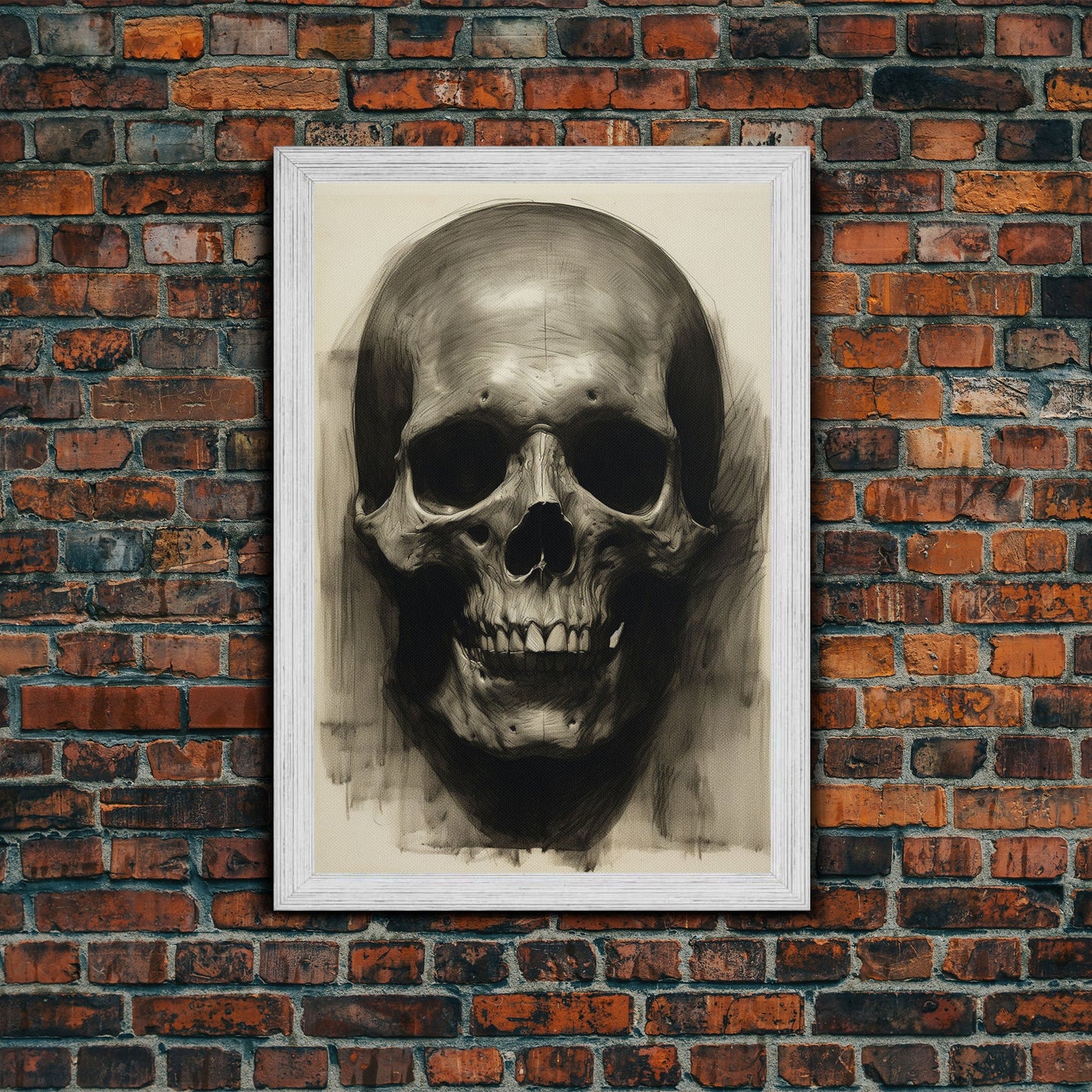 Charcoal Drawing, Gothic Art Print, Human Skull Decor, Canvas Print, Wall Art, Vertical Art, Entryway Prints, Wall Hanging, Birthday Gift