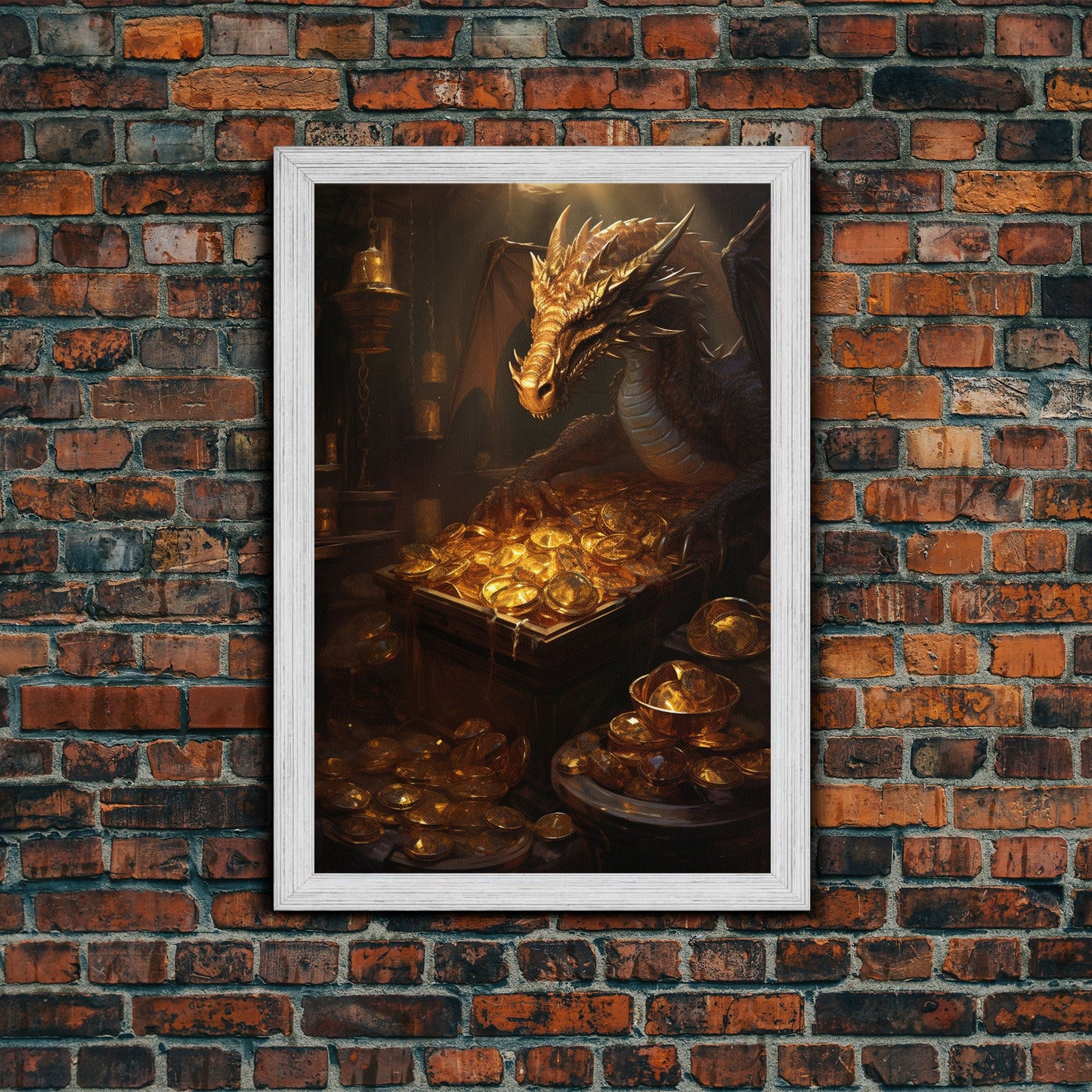 Drachenkunst, Fantasy-Kunst, Schatztruhe, Leinwanddruck, Wandbehang, Porträtkunst, Videospielkunst, Nerdige Wohndeko, Geschenk für Freunde