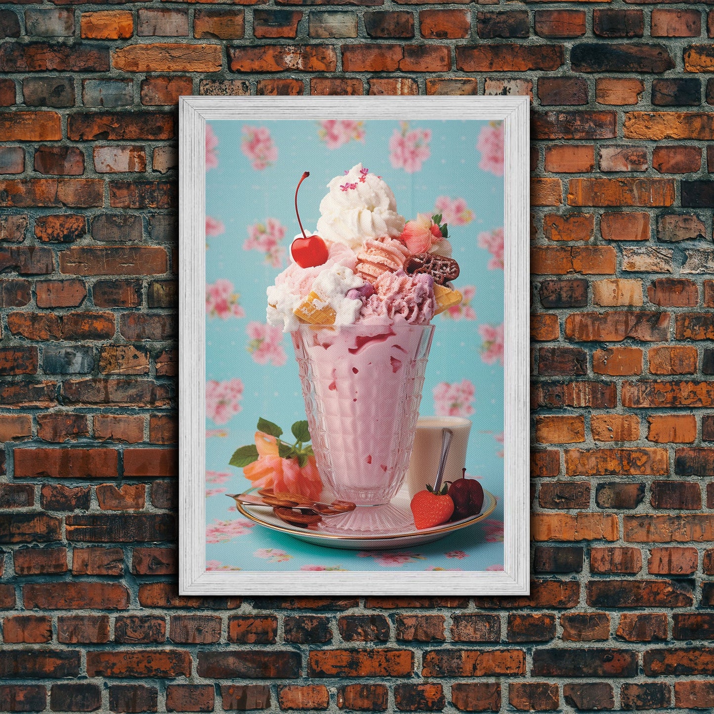 A Strawberry Sunday, Ice Cream Art, Framed Canvas Print, Ice Cream Parlor Decor, Icecream Shop Wall Art, MCM Style Decor, Kitchen decor