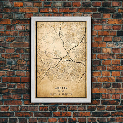 Austin Map Print Canvas or Poster, Texas Map Art, Texas Map Print, Vintage Austin Texas Map Framed Art, Retro / Distressed Office Art