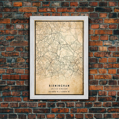 Birmingham UK map print poster or framed canvas, England map print poster canvas, UK city map print poster canvas, Vintage Travel Art